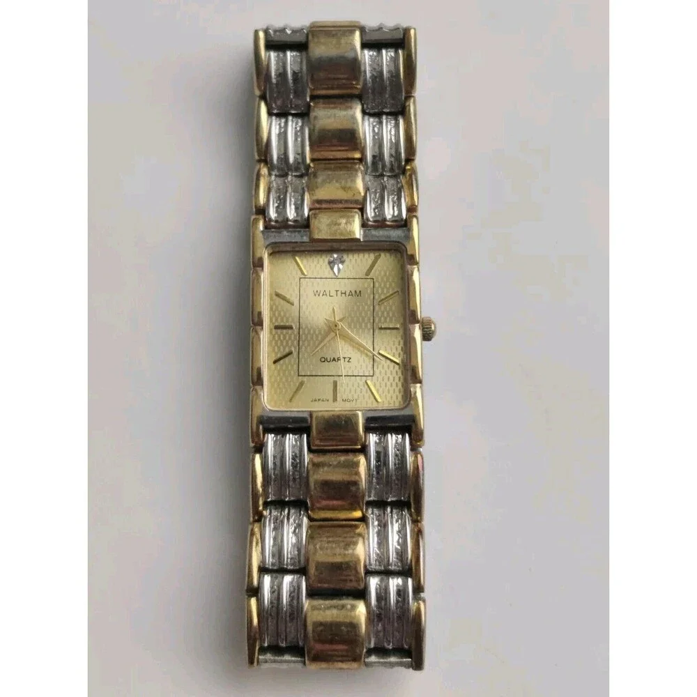 Vtg Waltham Watch XAX71 Men Gold Stainless Steel Rectangular Dial Japan Movement